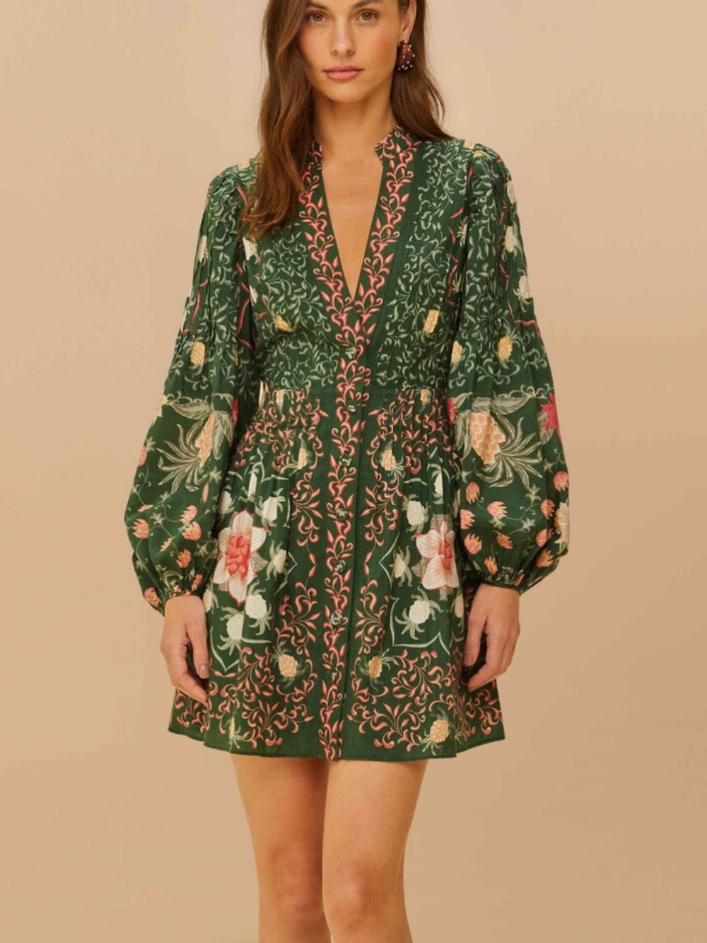 Farm Rio Green Pineapple Garden Long Sleeve Mini Dress